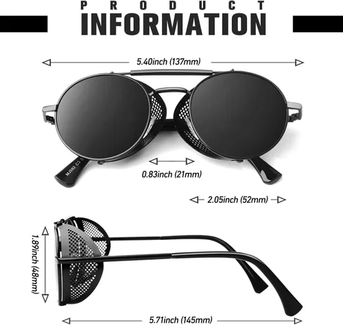Vista 7 de Retro Round Polarized Steampunk Sunglasses Men Women Side Shield Goggles Gothic S92-ADVANCED POLARIZED