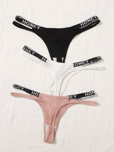 Vista 2 de SHENHE Ropa interior con estampado de letras de talle bajo para mujer, 3 paquetes de tangas