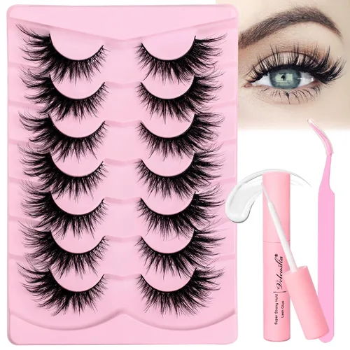 Vista 9 de Veleasha Kit de pestañas marrones con pegamento y pinzas, pestañas de ojo de gato, aspecto natural, pestañas postizas 3D con banda transparente