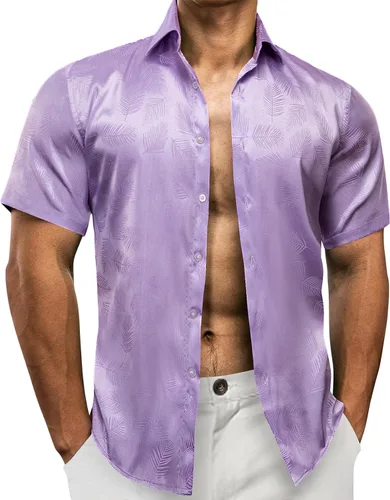Vista 3 de YOHOWA Camisa de seda para hombre, diseño de cachemira floral, jacquard, manga corta, con botones, formal, informal, para bodas, fiestas