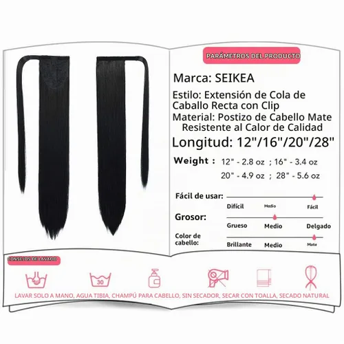 Vista 3 de SEIKEA Extensión de cola de caballo con clip alrededor del cabello lacio para mujer (12 pulgadas, negro)
