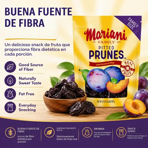 Vista 4 de Mariani Ciruelas pasas sin hueso Frutas secas Aperitivo saludable, vegano y sin gluten para niños y adultos Sin azúcar añadido 32 onzas