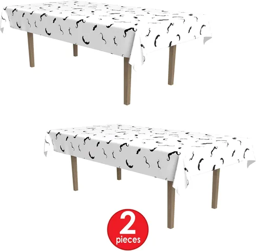 Vista 4 de Beistle Juego de 2 fundas de plástico rectangulares para mesa con bigote para decoración de vajilla con temática occidental, blanco/negro, 54 x 108