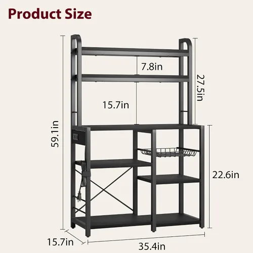 Vista 6 de GAOMON Estante para panaderos con toma de corriente, estante de cocina con cesta de alambre, soporte para microondas con grandes estantes