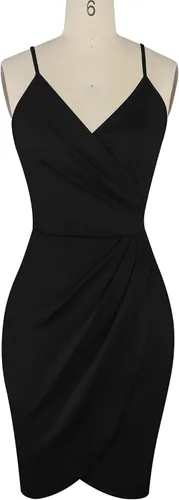 Vista 5 de oxiuly Vestido de fiesta fruncido con cuello en V cruzado para mujer vestido de fiesta para la iglesia cena vestido corto OX351