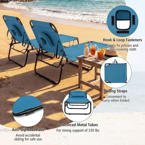 Vista 4 de GYMAX Sillón de playa, silla para tomar el sol, silla plegable ajustable reclinable con agujero para la cara