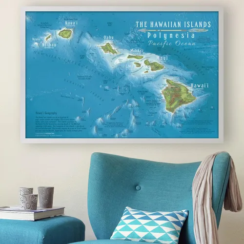 Vista 5 de Hawaii Map Wall Art - Framed Hawaii State Map With Travel Destinations - 36x24 Inches - Includes 500 Pins - Hawaiian Wall Art- Designed by a