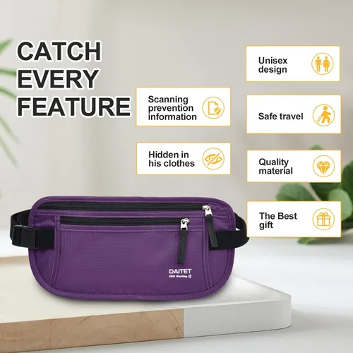 Vista 25 de DAITET Cinturón de dinero, soporte para pasaporte, cartera de viaje oculta segura con bloqueo RFID, riñonera encubierta (negro), Negro, Rfid