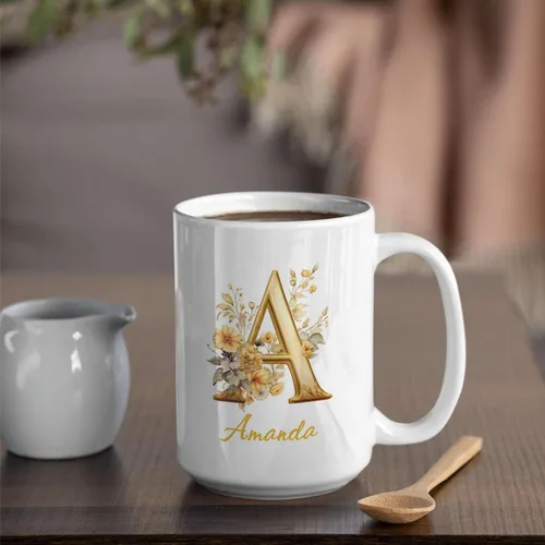Vista 5 de Taza de cerámica personalizada con letra A del alfabeto, taza de café personalizada con nombre, taza de té inicial con monograma floral