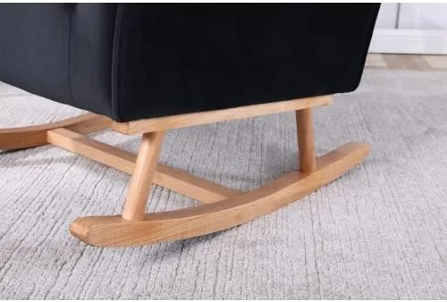 Vista 7 de Mecedora tapizada de terciopelo, asiento acolchado con respaldo alto, silla auxiliar cómoda para sala de estar, dormitorio, oficinas (negro)