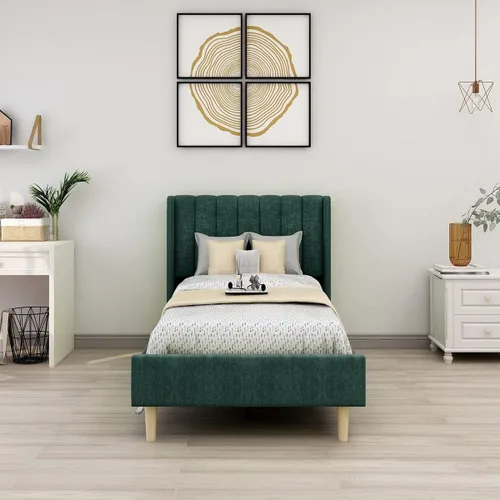 Vista 27 de Upholstered Bed Frame with Wingback Headboard and Wood Slats (Beige-Linen, Twin)