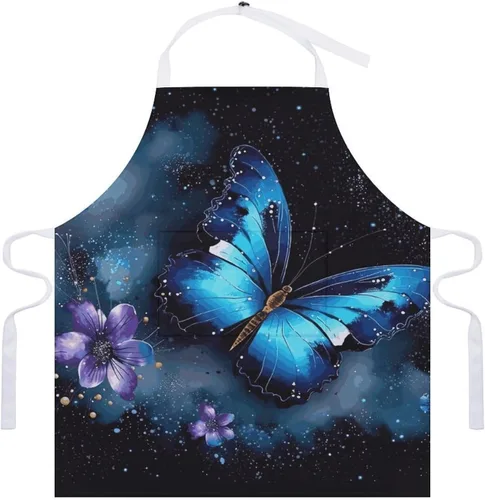 Vista 7 de Personalized Galaxy Blue Butterfly Adult Apron, Kitchen Cooking Aprons for Woman Man, Adjustable Bib Apron with Pocket for Baking, BBQ Crafting