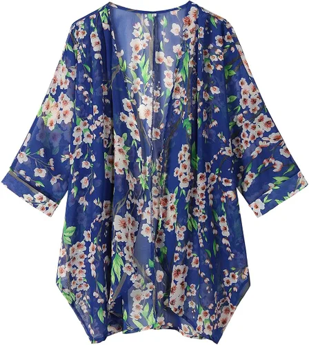 Vista 2 de olrain - Cárdigan estilo kimono holgado y traslúcido, de gasa, con estampado floral, para mujer