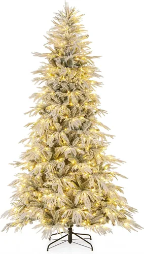 Vista 15 de Goplus Árbol de Navidad artificial preiluminado de 4.5 pies con nieve, árbol de Navidad completo con bisagras con 160 luces LED multicolores, 8