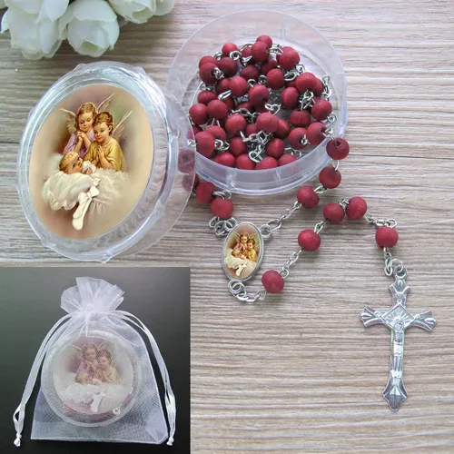 Vista 4 de Rosario perfumado de pétalos de rosa de bautizo, 6 rosarios rojos con caja de regalo individual a juego, Metal Madera, No es una piedra preciosa