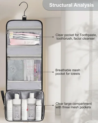 Vista 8 de Pequeña bolsa de aseo colgante para hombres y mujeres, organizador colgante portátil para kit de ducha de tamaño de viaje, accesorios de maquillaje