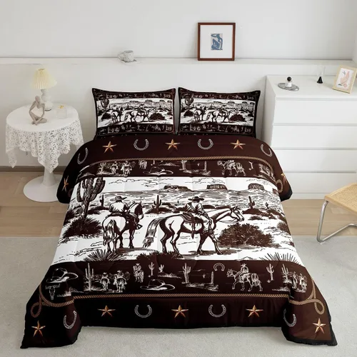 Vista 36 de Manfei Juego de edredón de vaquero occidental tamaño individual, juego de ropa de cama con estampado de calavera de toro, caballo y flecha, 2 piezas