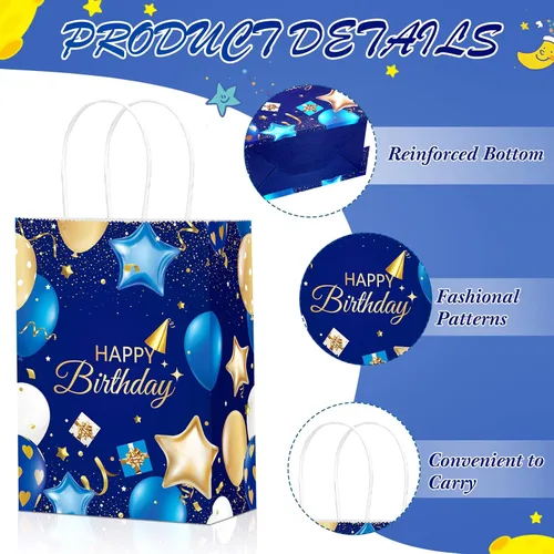 Vista 3 de Frienda 24 bolsas de regalo de cumpleaños con asas, color azul marino y dorado, bolsas de regalo de feliz cumpleaños para hombres y mujeres