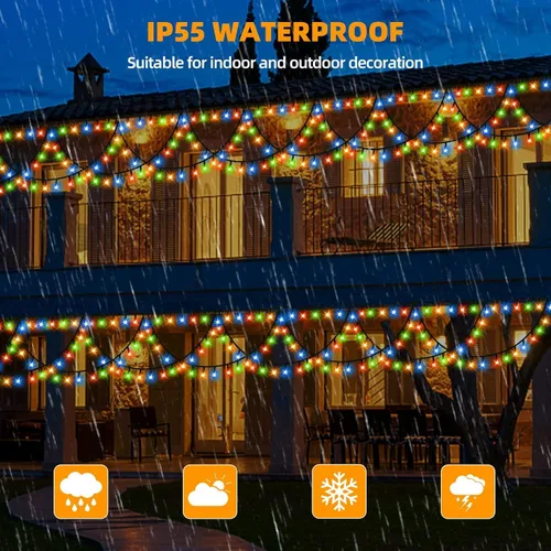 Vista 5 de KAZOKU Luces de Navidad para Exteriores e Interiores 40 Pies 380 LED Impermeables Luces de Árbol de Navidad 8 Modos Extensibles Luces de Cadena