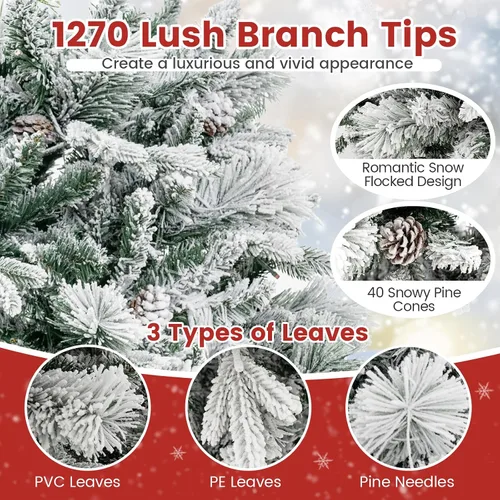 Vista 3 de Goplus - Árbol de Navidad artificial de 7 pies con nieve ya colocada, árbol de Navidad artificial con bisagras, con 320 luces LED multicolor, 8