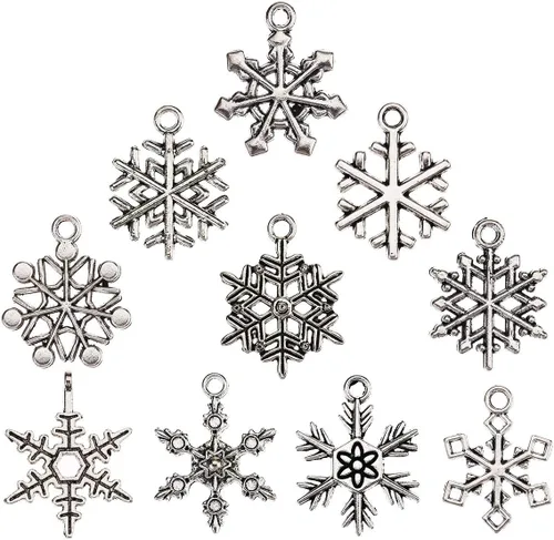 Vista 4 de CCINEE 100 dijes antiguos de copo de nieve, colgantes de metal plateado, al por mayor, mezclados a granel, joyería para hacer collares, pulseras