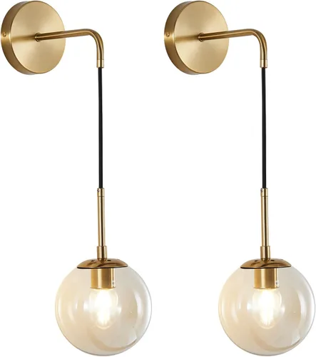 Vista 9 de KCO Lighting Juego de dos apliques de pared de vidrio blanco esmerilado con globo esférico dorado de latón, luz de pared con cable ajustable