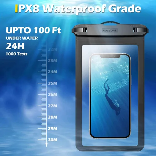 Vista 4 de Paquete de 4 fundas impermeables grandes para teléfono de 10.5" - Soporte transparente para celular bajo el agua - Bolsa seca universal a prueba