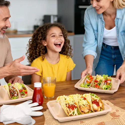 Vista 9 de 24 soportes desechables para tacos con 100 forros y 100 guantes, platos de tacos de fibra natural resistentes, bandejas de tacos de 3 compartimentos