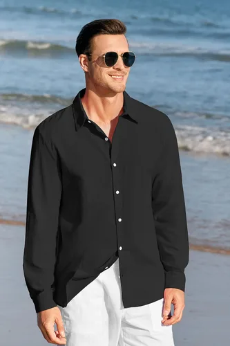 Vista 3 de Camisas de manga larga con botones para hombre, de lino, para playa, casuales, de algodón, ligeras, para verano