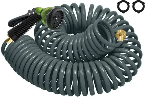 Vista 9 de Manguera de jardín de bobina de EVA de 25 pies con conector de latón de 3/4 pulgadas, manguera de agua en espiral, ligera y sin torceduras, incluye
