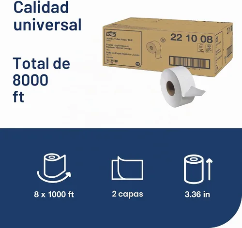 Vista 2 de Tork Rollo de papel higiénico Jumbo Blanco T22, Universal, 2 capas, 8x1000', 221008