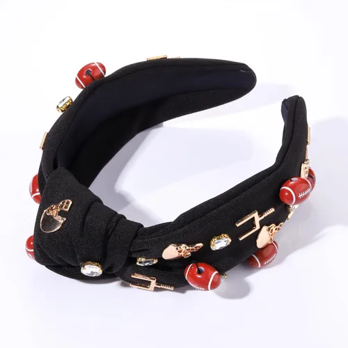Vista 3 de Diadema de fútbol para mujer con diamantes de imitación de cristal con nudo superior, diadema negra para el día del juego, accesorios para la cabeza