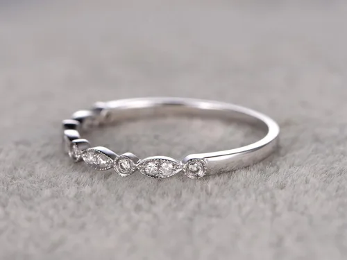 Vista 3 de Alianza de boda de oro blanco de 14 quilates, media eternidad, anillo de compromiso, anillo apilable, micro diamante pavé