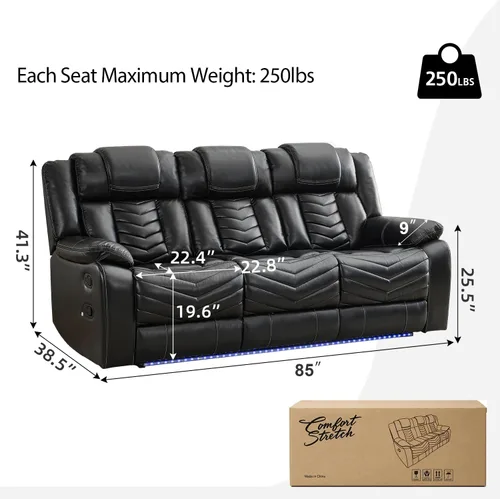 Vista 2 de Sofá reclinable manual con cargador inalámbrico para sala de estar, 3 plazas eléctrico de cuero con reclinable, juego de sofá reclinable de 3
