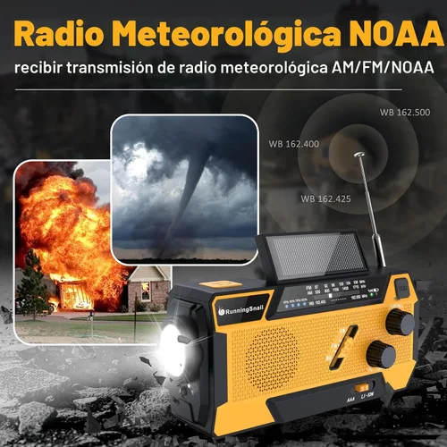 Vista 2 de Radio de emergencia con manivela meteorológica: Radio meteorológica AM/FM/NOAA con 3 cables incorporados - Radio manual con manivela de 2000mAh