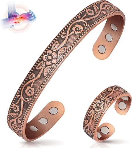 Vista 9 de Pulseras de cobre Auramag para mujeres, anillo de cobre y pulsera magnética con imanes de 3500 Gauss, joyería de cobre 99,99% pura para mujeres