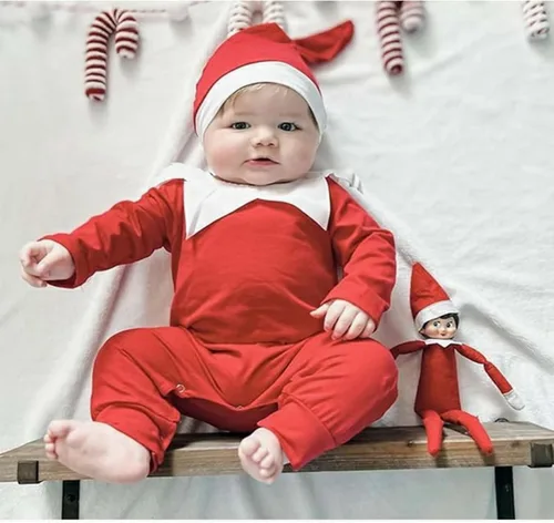 Vista 2 de DNOMAID YZARC Traje de bebé recién nacido, disfraz de elfo de Papá Noel, manga larga, mameluco con sombrero