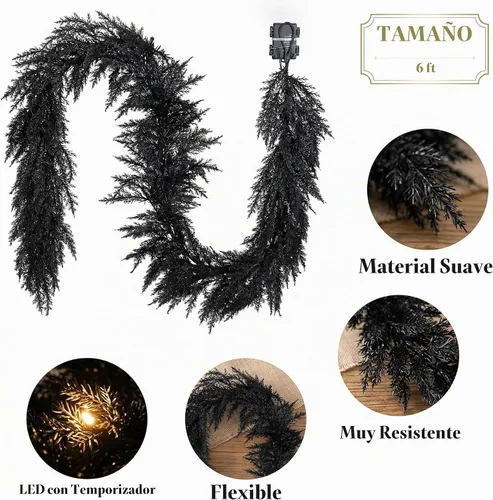 Vista 7 de Valery Madelyn 6ft Artificial Norfolk Pine Halloween Garland for Mantle Black