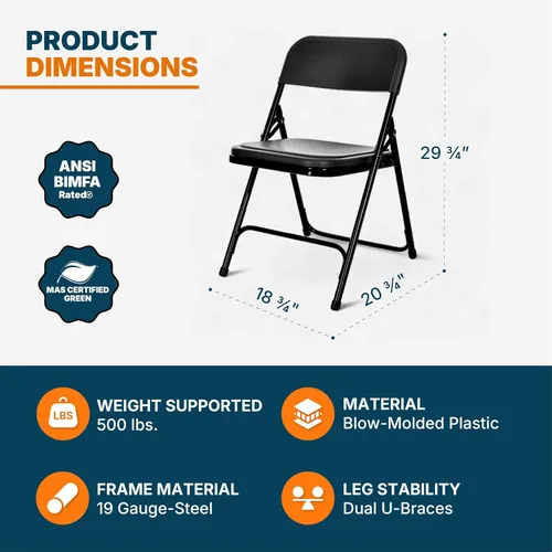 Vista 3 de OEF Furnishings OEF810 OEF800 Series Silla plegable de plástico ligero (asiento negro, marco negro, paquete de 4)