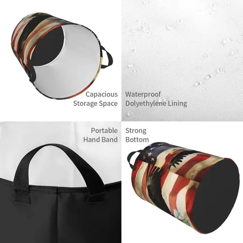 Vista 4 de Cesta circular con estampado de bandera estadounidense con águila moscada, impermeable, cesta organizadora de lavandería, con asas, para ropa