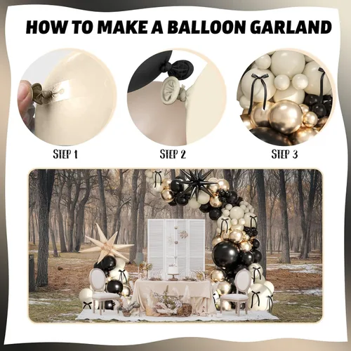 Vista 7 de Kit de guirnalda de globos negro, blanco y dorado, 115 piezas de arco de globos beige arena negro crema oro metálico con globos de papel de aluminio