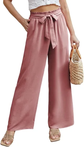Vista 6 de Pantalones casuales de pierna ancha para mujer, cintura alta, cinturón atado, negocios, trabajo, pantalones casuales, holgados, holgados