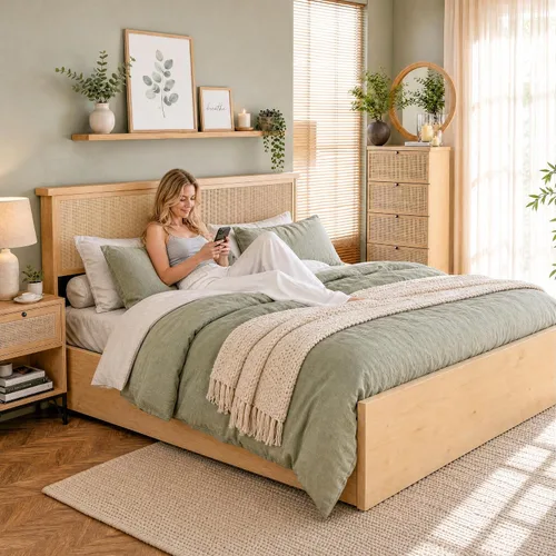 Vista 7 de Yechen Marco de Cama Queen con Cabecera de Ratán Natural y 4 Cajones de Almacenamiento de Madera, Plataforma de Metal con Fuerte Soporte de Listones
