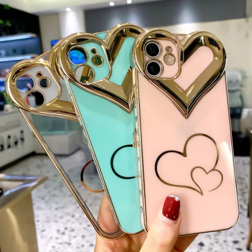 Vista 4 de Compatible con el teléfono 12 - Bonita funda para mujer, funda de lujo chapada en 3D con corazón de amor, funda protectora de TPU suave y delgada