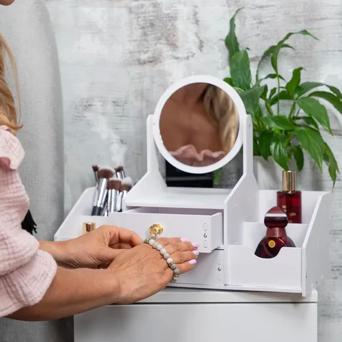 Vista 5 de Organizador de maquillaje de madera, organizadores de maquillaje de encimera con espejo, cajones, organizador de cosméticos para cepillos, cuidado