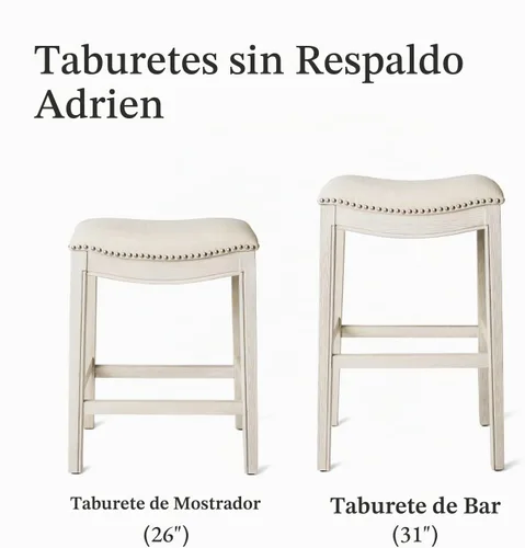 Vista 5 de Maven Lane Adrien Taburete de bar sin espalda, crema, tela natural, 31 Roble blanco
