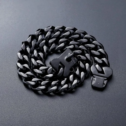 Vista 6 de Collar de eslabones cubanos, resistente, negro, de 10 a 26 pulgadas de ancho, acero inoxidable, collar con chapita personalizable, para perros
