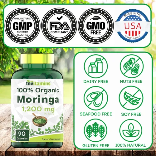 Vista 5 de tnvitamins Cápsulas de polvo de moringa orgánica: 1,200 mg por porción, 90 unidades Suplemento superalimenticio para energía y vitalidad* Hoja