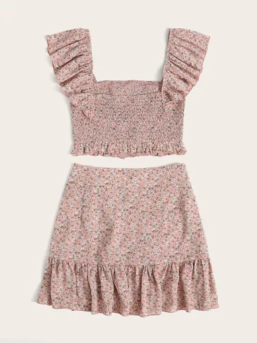 Vista 2 de MakeMeChic - Conjunto de dos piezas para mujer, diseño de falda cruzada y blusa corta con vuelos
