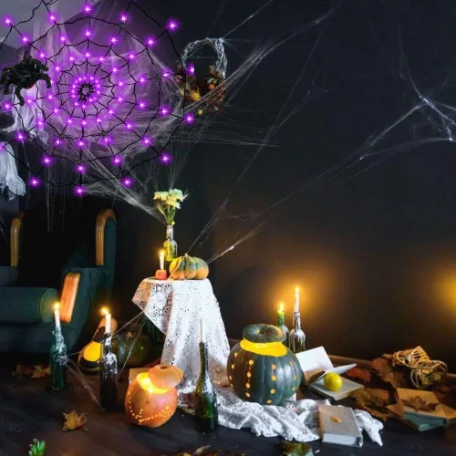 Vista 5 de Luces de telaraña de Halloween Decrations, 70 luces LED de telaraña para decoración de Halloween en interiores y exteriores, impermeables, luces LED